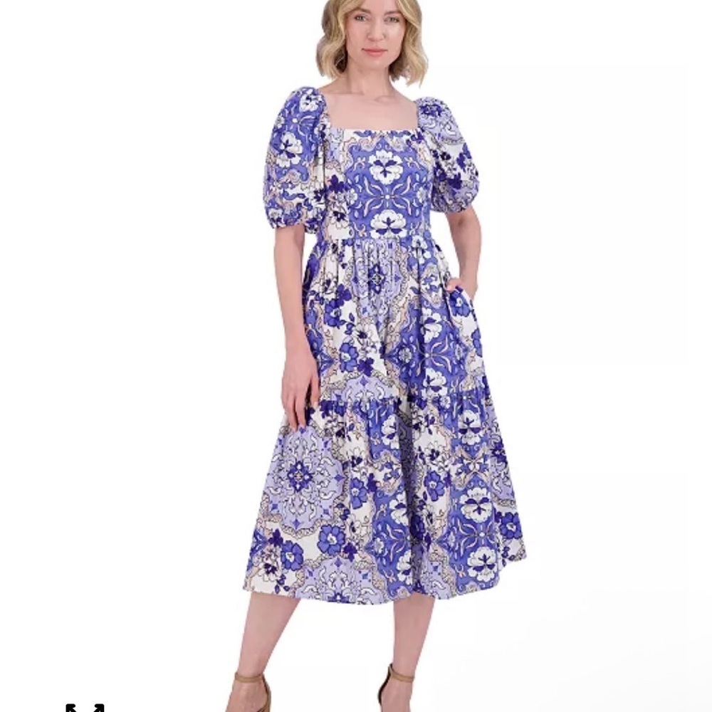 NWT Vince Camuto Blue and White Floral Midi Dress - Picture 2 of 4